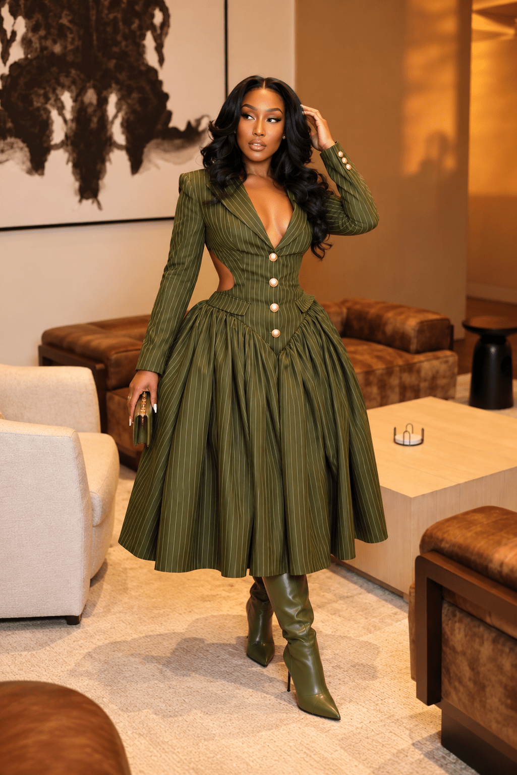 Jessie Olive Green Cutout Pinstripe Blazer Puff Dress - Ellaé Lisqué