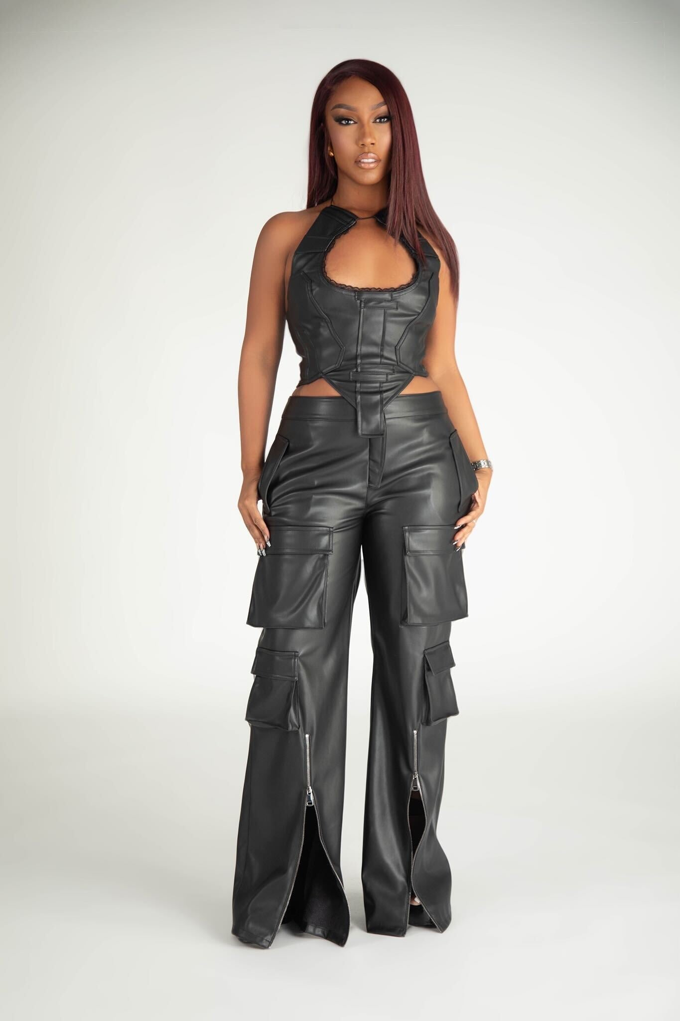 Juliana Black Faux Leather Cargo Pants Clothing Ellaé Lisqué