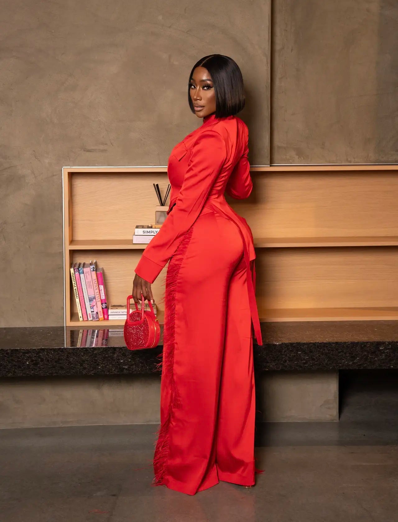 Leading Lady Red Satin Feather Suit Clothing Ellaé Lisqué