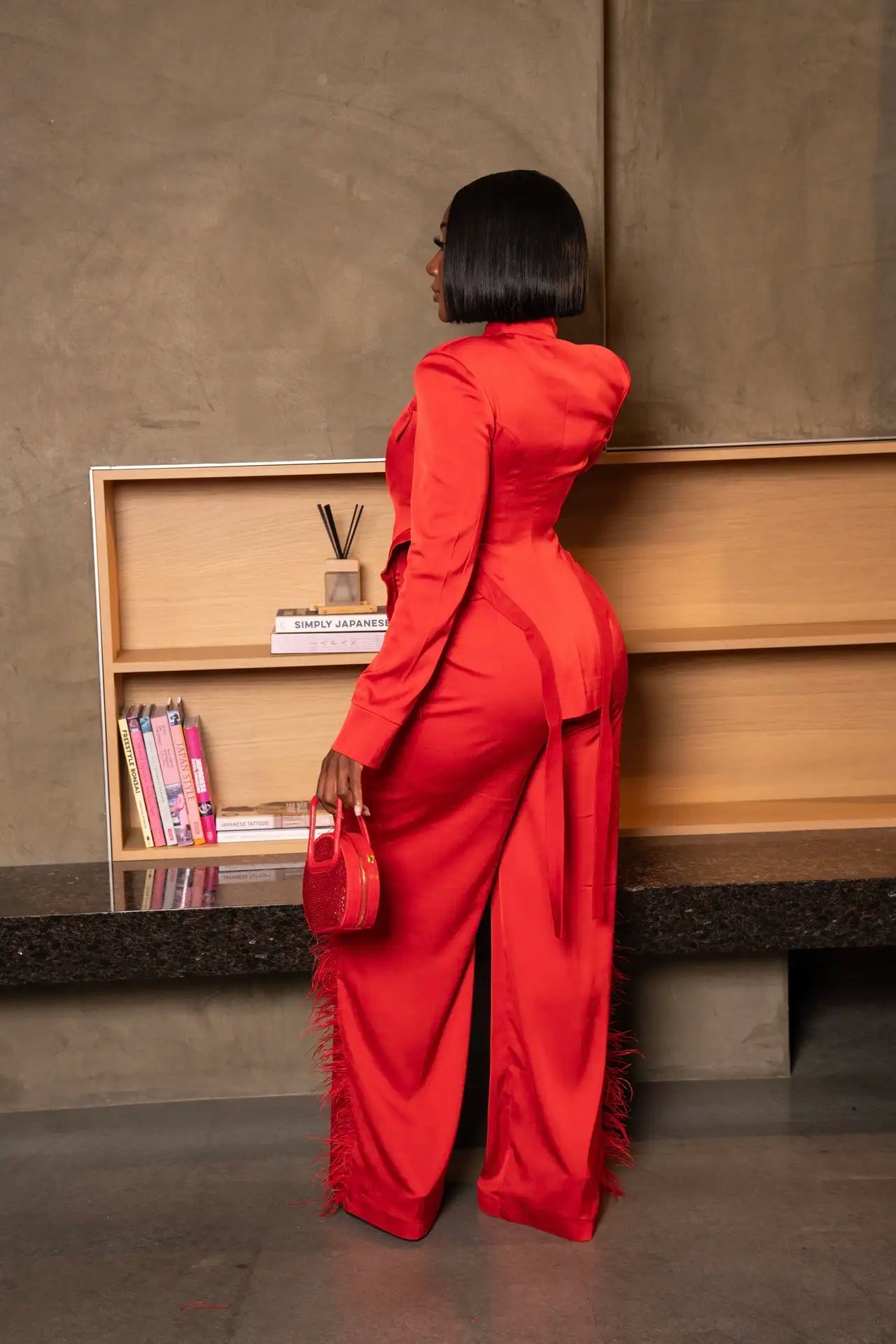 Leading Lady Red Satin Feather Suit Clothing Ellaé Lisqué