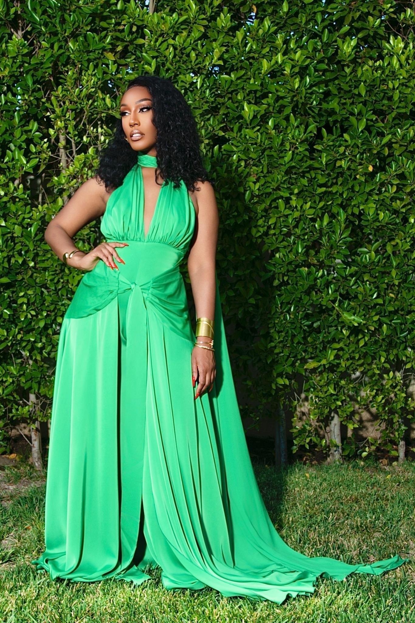 green lace monsteras jumpsuit Liana Green Satin Backless Jumpsuit, S