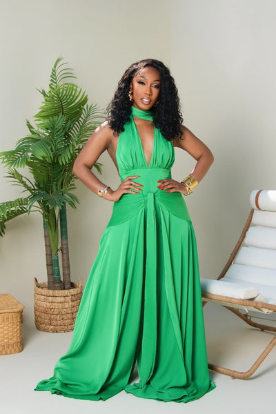 Liana Green Satin Backless Jumpsuit S