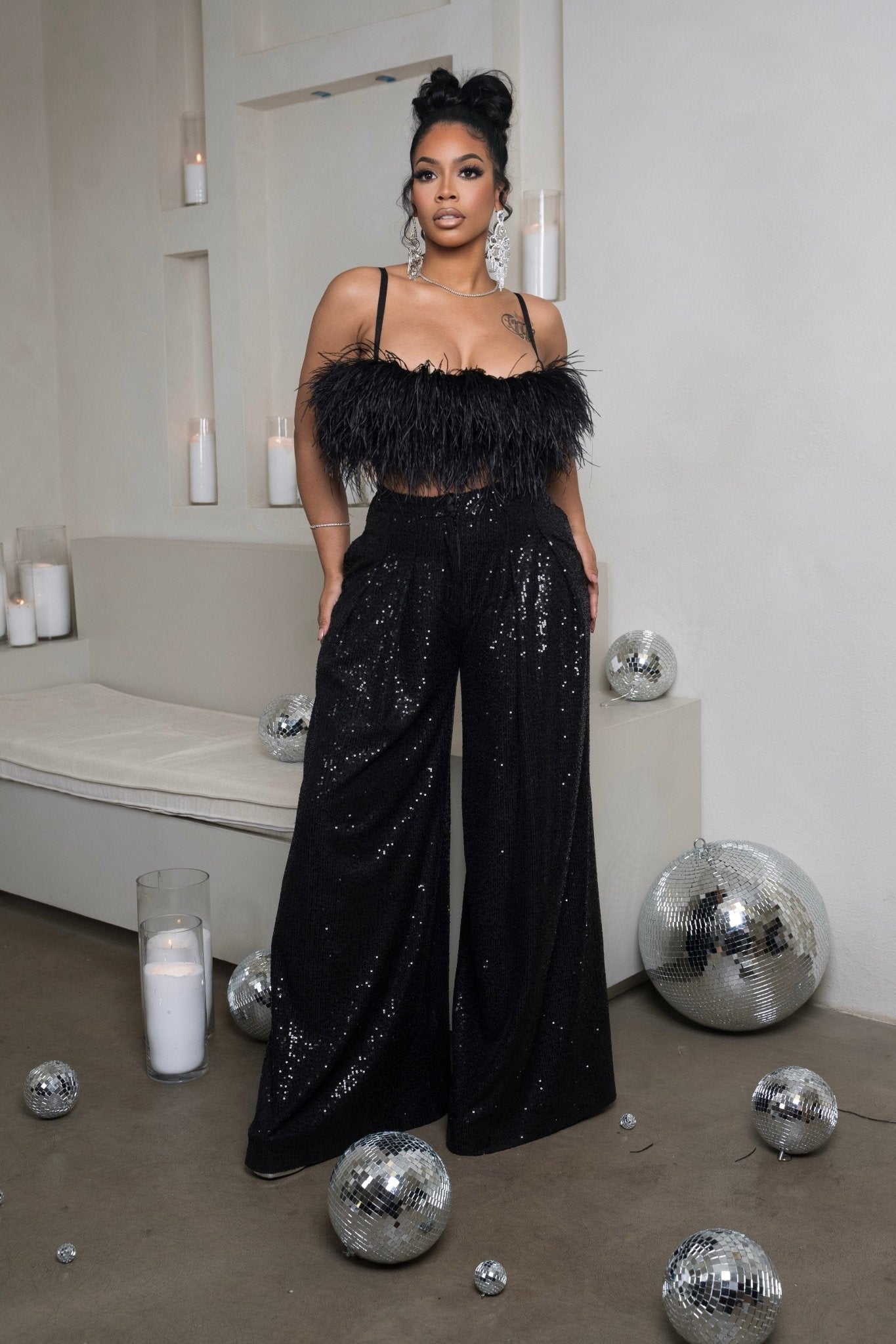 black sequin dress pants SEQUIN WIDE TROUSERS BLACK