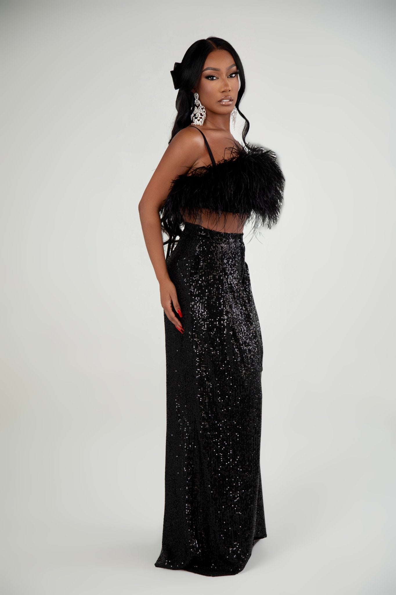 black feather sequin dress Mila Black Feather Top, L