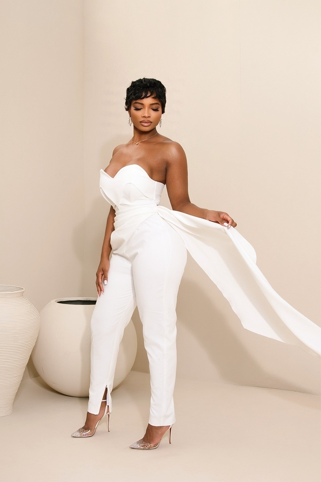 white dress jumpsuit Chosen Strapless Wide Leg back and sides for the most comfortable cinching ever White Wedding Jumpsuit XXXL /
