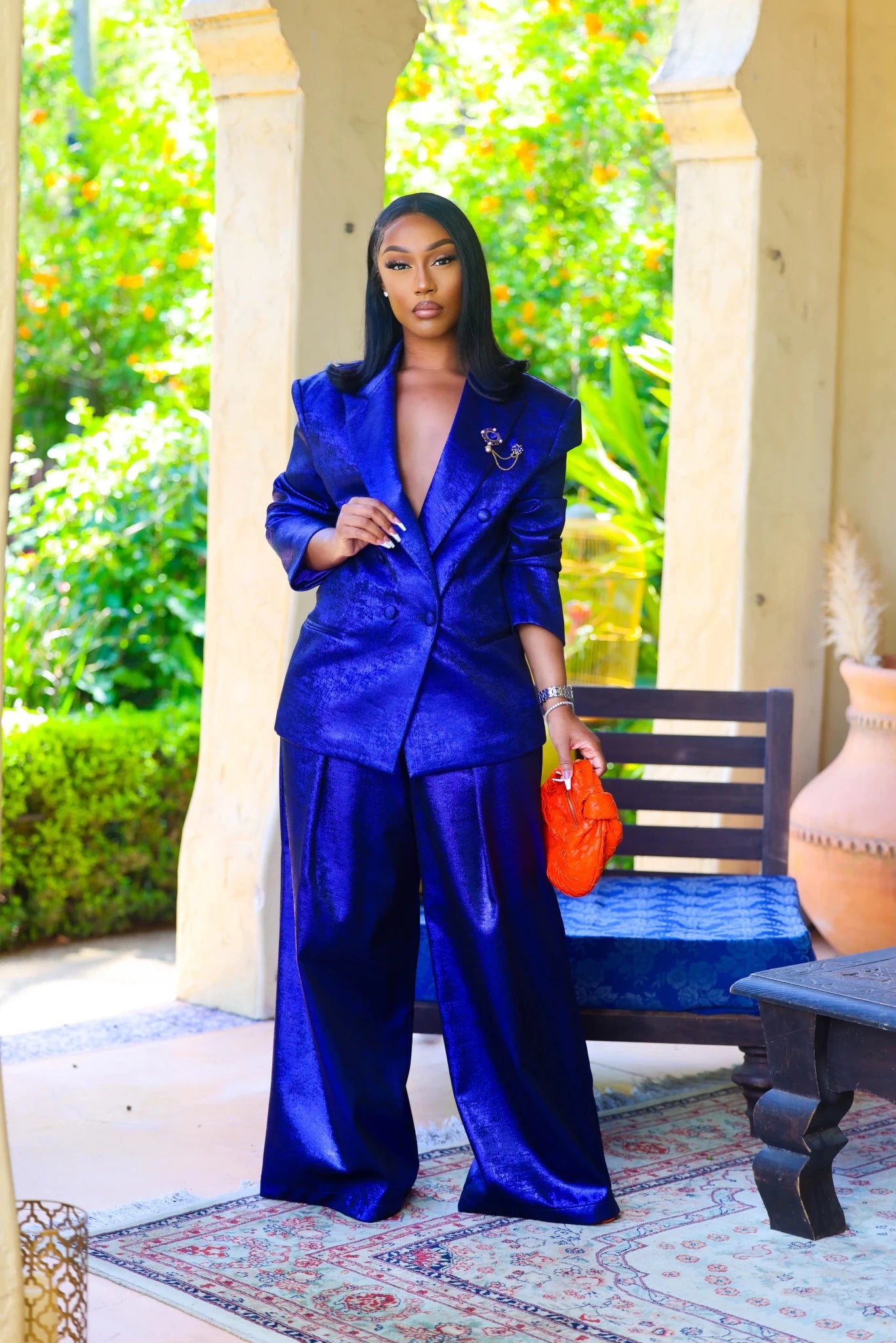 Dahlia Blue Metallic Wide Leg Pants Clothing Ellaé Lisqué