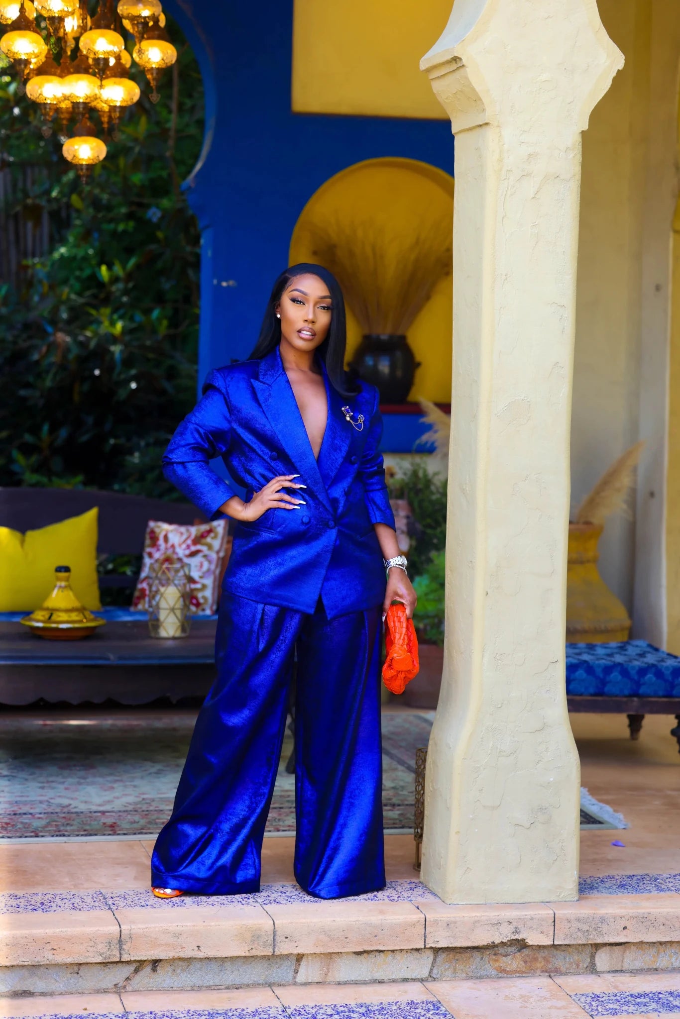 Dahlia Blue Metallic Wide Leg Pants Clothing Ellaé Lisqué