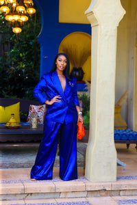 Dahlia Blue Metallic Wide Leg Pants Clothing Ellaé Lisqué