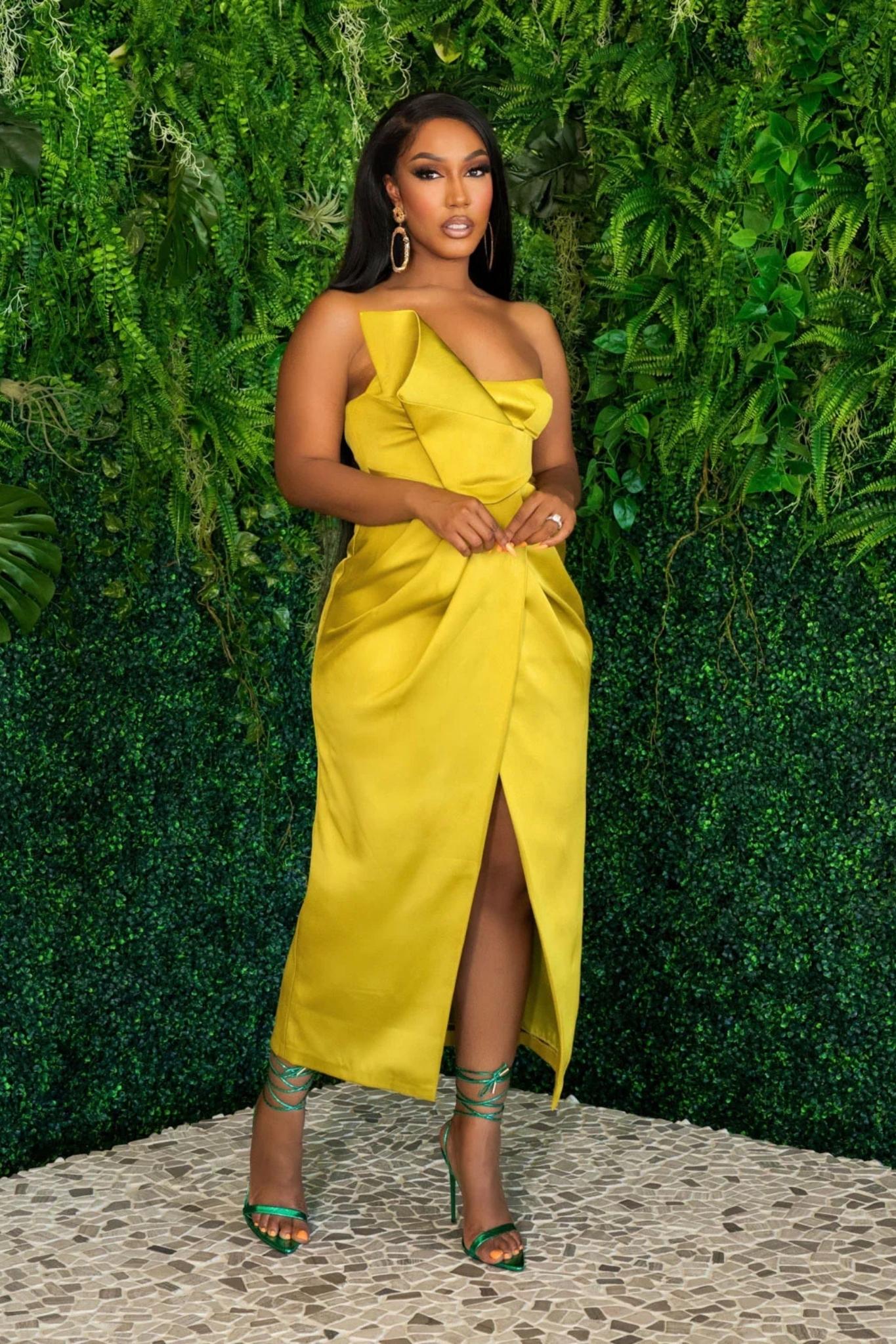 Strapless Chartreuse Yellow Midi Dress - Occasion Ready Strapless Chartreuse Yellow Midi Dress - Occasion Ready