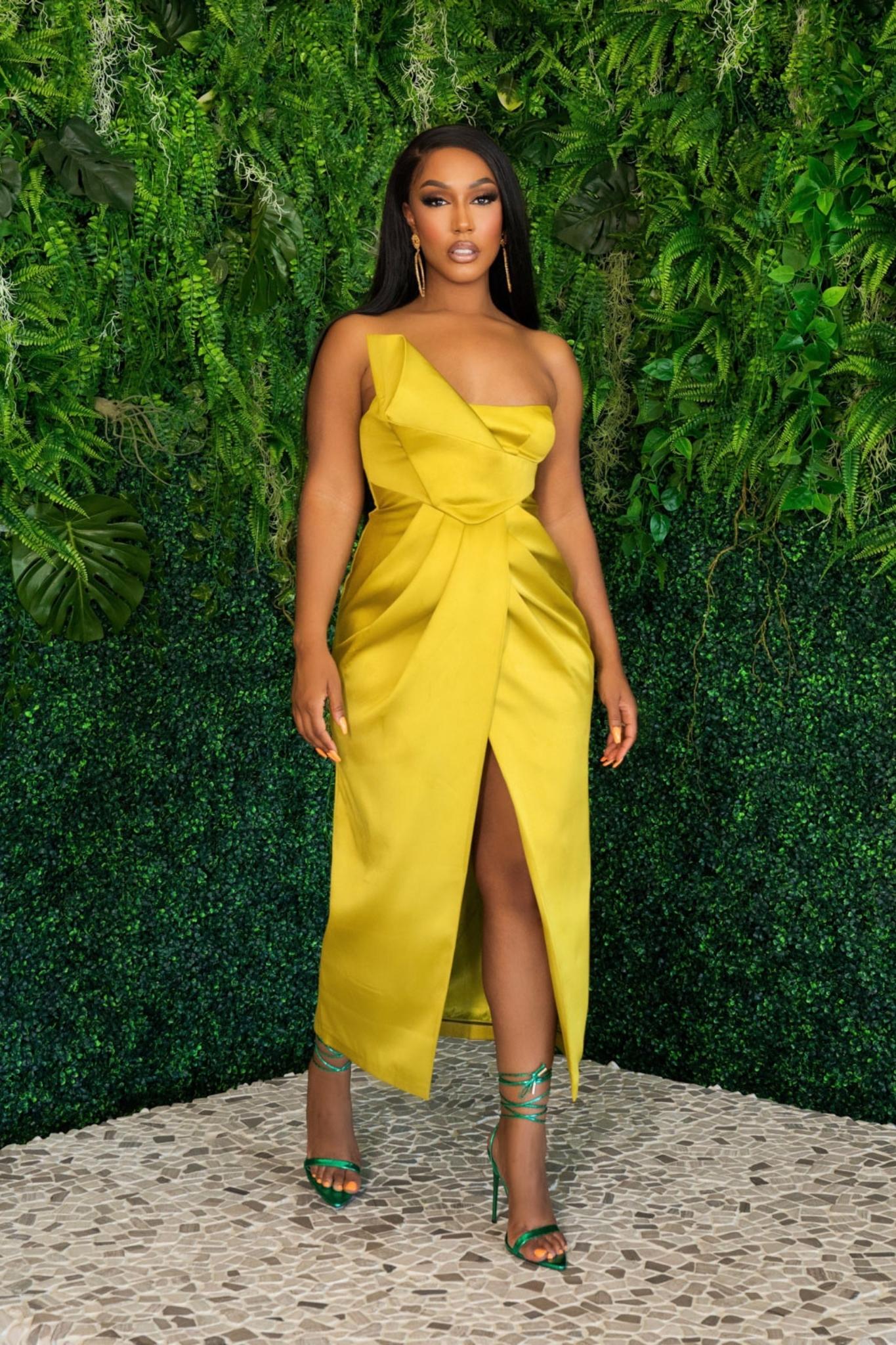 Strapless Chartreuse Yellow Midi Dress - Occasion Ready Strapless Chartreuse Yellow Midi Dress - Occasion Ready