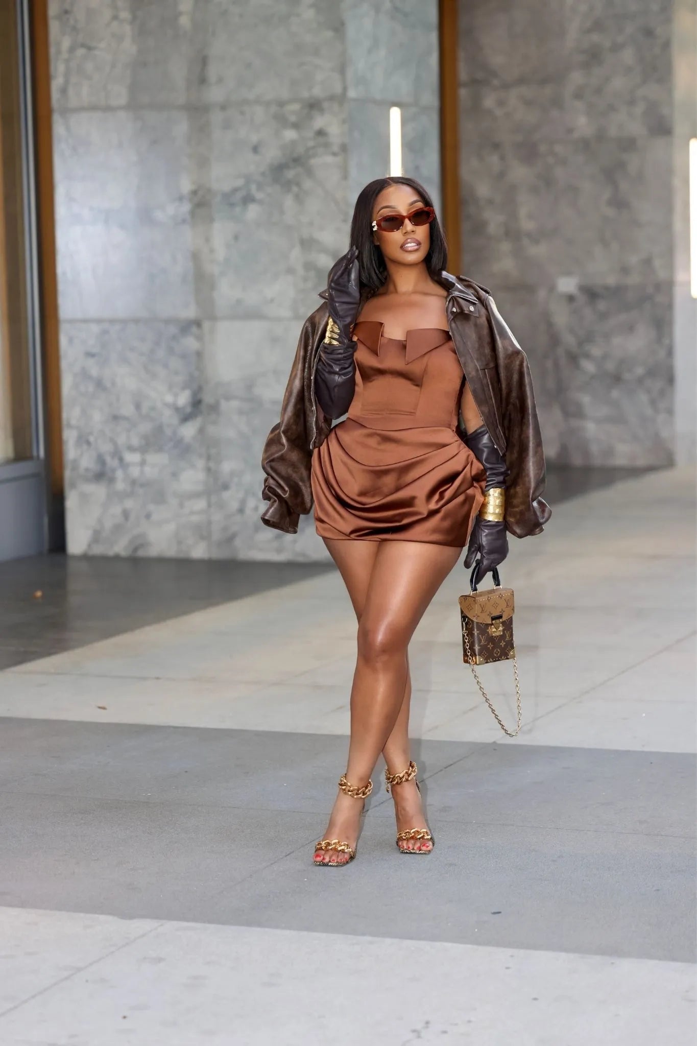 Reina Brown Puff Hem Dress, XS