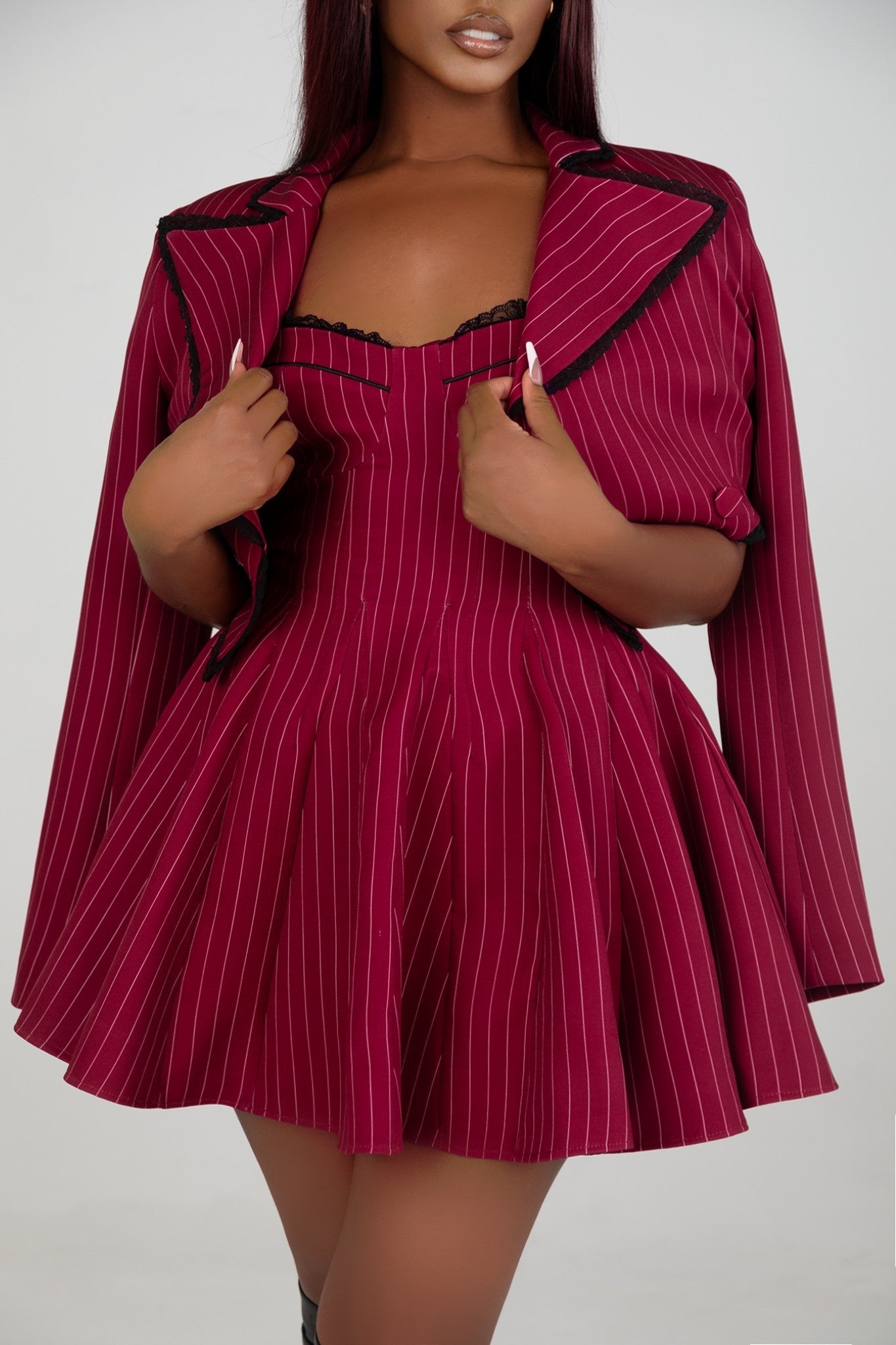 Scarlet Red Pinstripe Mini Dress Set Clothing Ellaé Lisqué