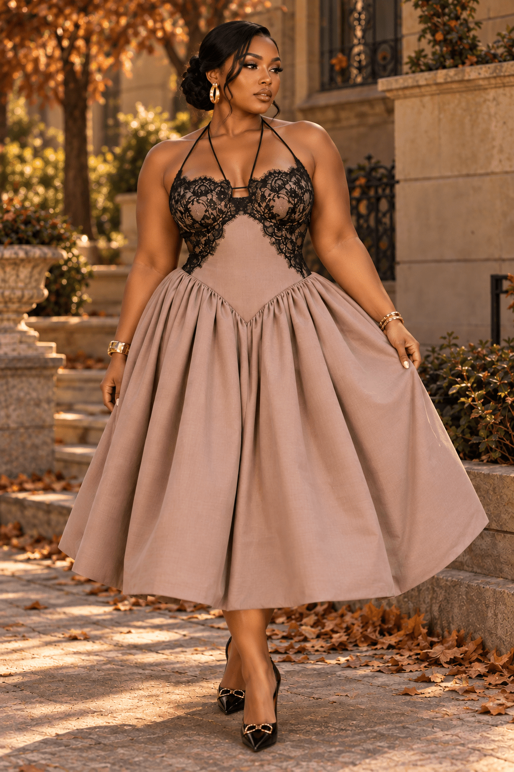 Sheena Brown Lace Puff Dress - Ellaé Lisqué
