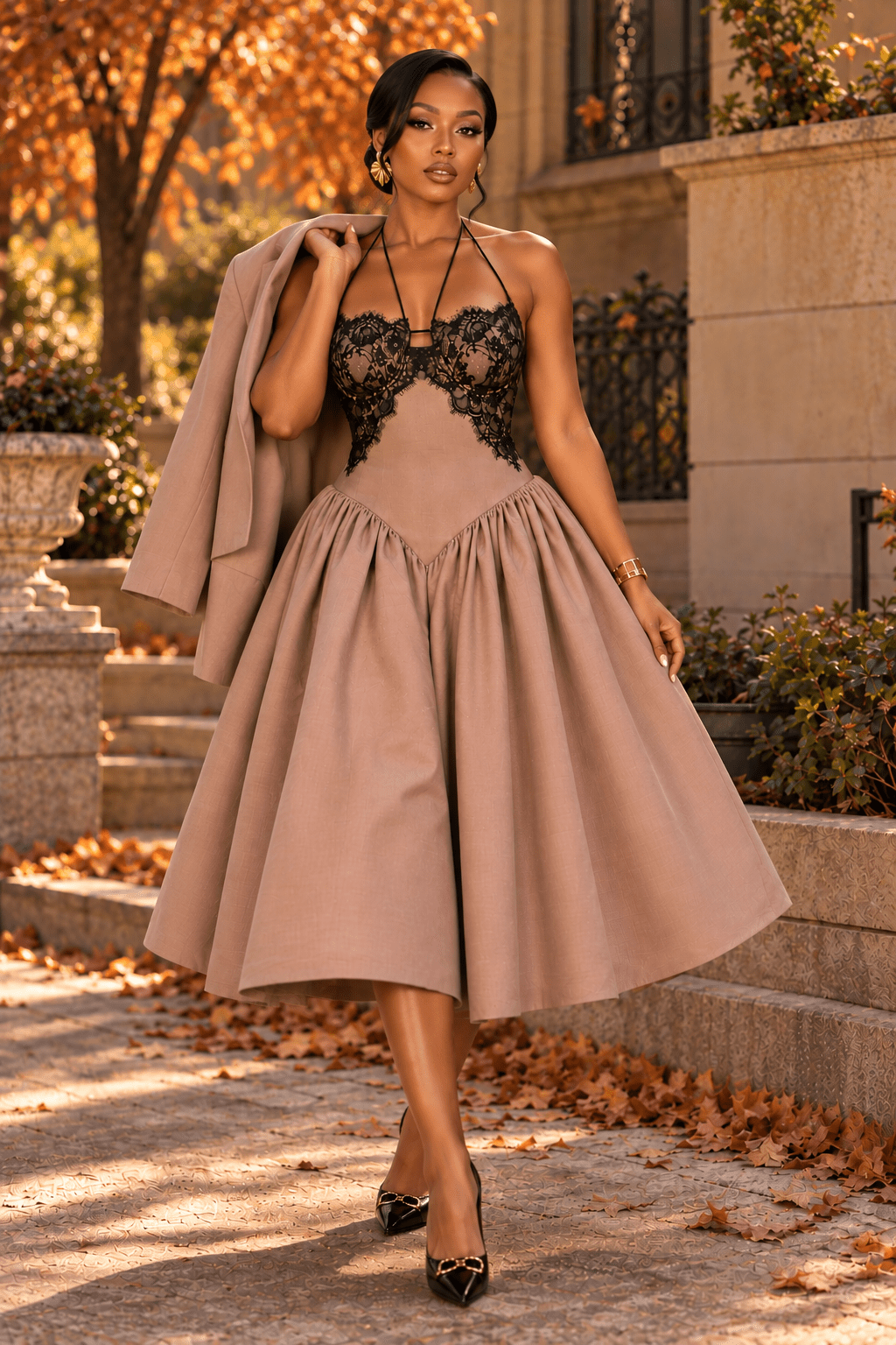 Sheena Brown Lace Puff Dress - Ellaé Lisqué