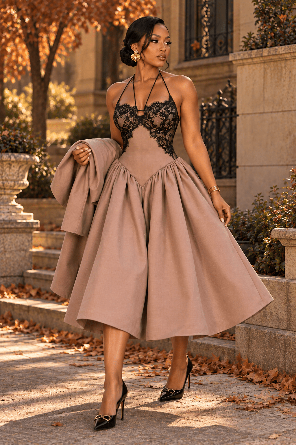 Sheena Brown Lace Puff Dress - Ellaé Lisqué