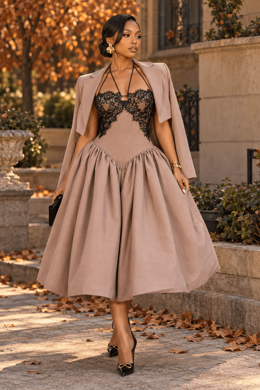 Sheena Brown Lace Puff Dress - Ellaé Lisqué