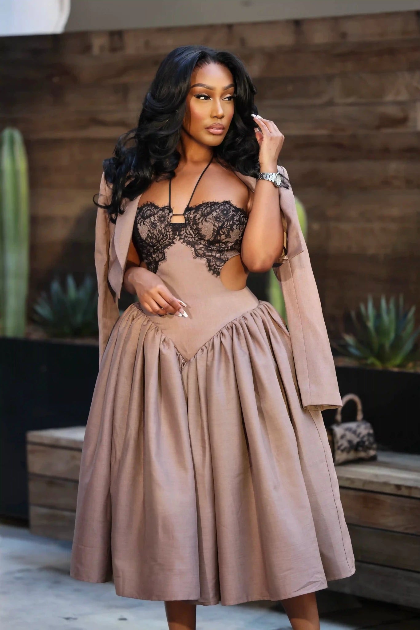 Sheena Brown Lace Puff Dress - Ellaé Lisqué
