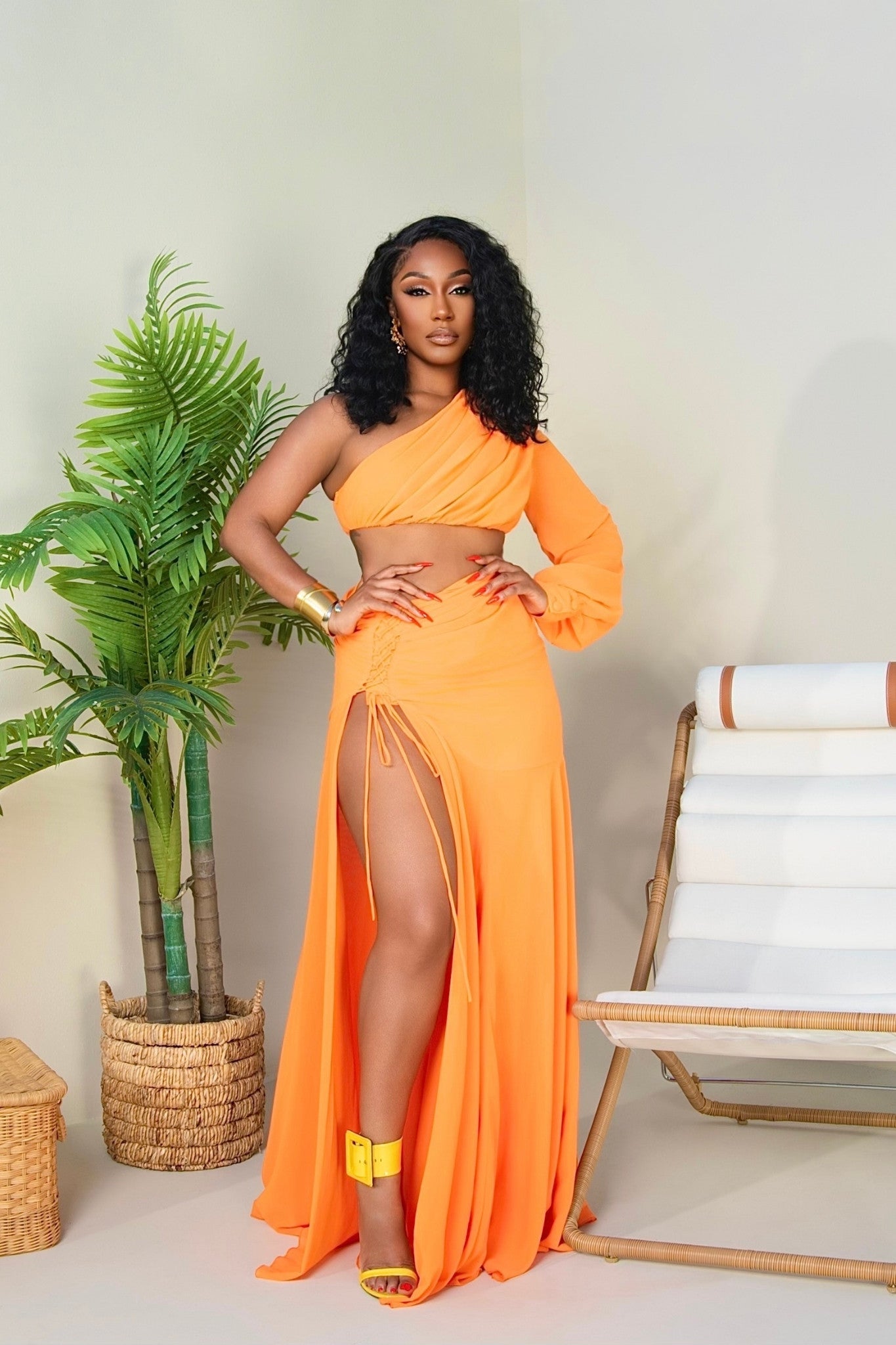 orange 2 piece dress Sparkly Draped Maxi Two Piece Dress Orange