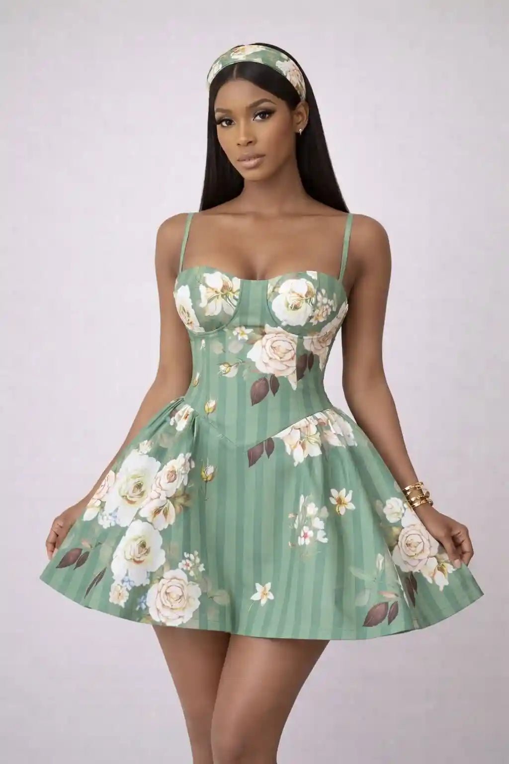 Sophie Sage Green Floral Mini Dress - Ellaé Lisqué
