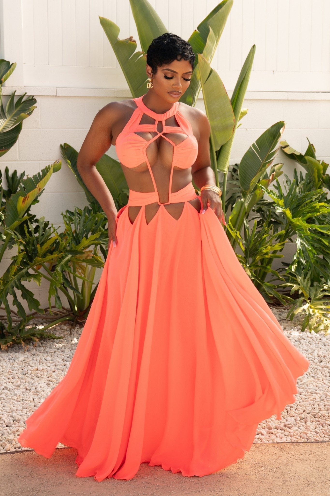 Summer Stunner Coral Chiffon Maxi Dress Dresses Ellaé Lisqué