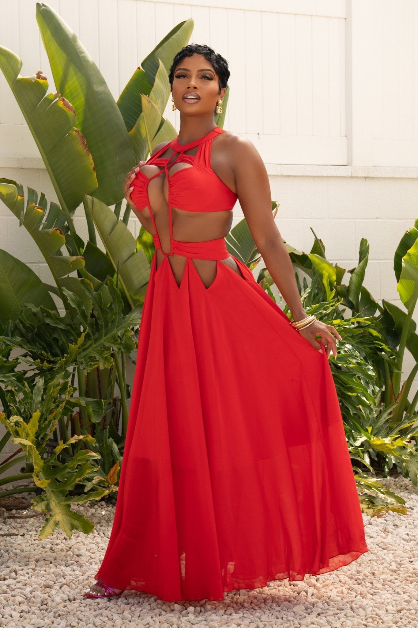 Red Summer Stunner Cut-out Chiffon Maxi Dress XXL Ellae Lisque