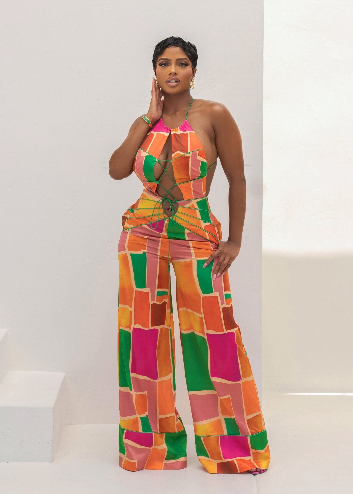 Sunset Oasis Orange Print Jumpsuit Clothing Ellaé Lisqué