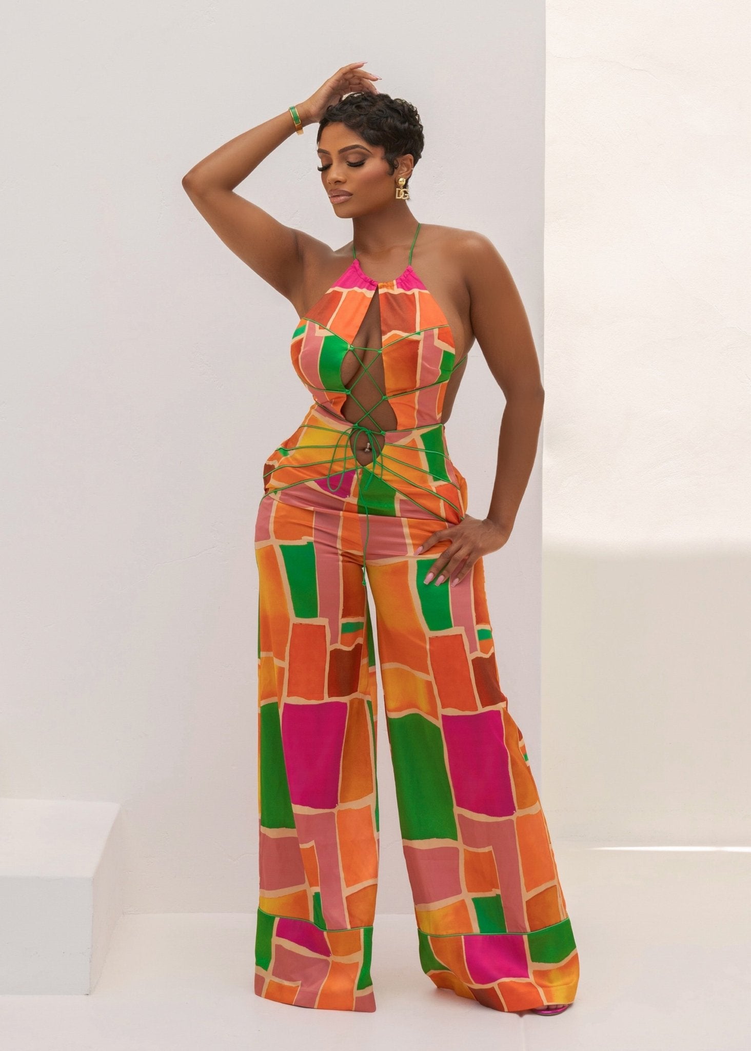Sunset Oasis Orange Print Jumpsuit Clothing Ellaé Lisqué