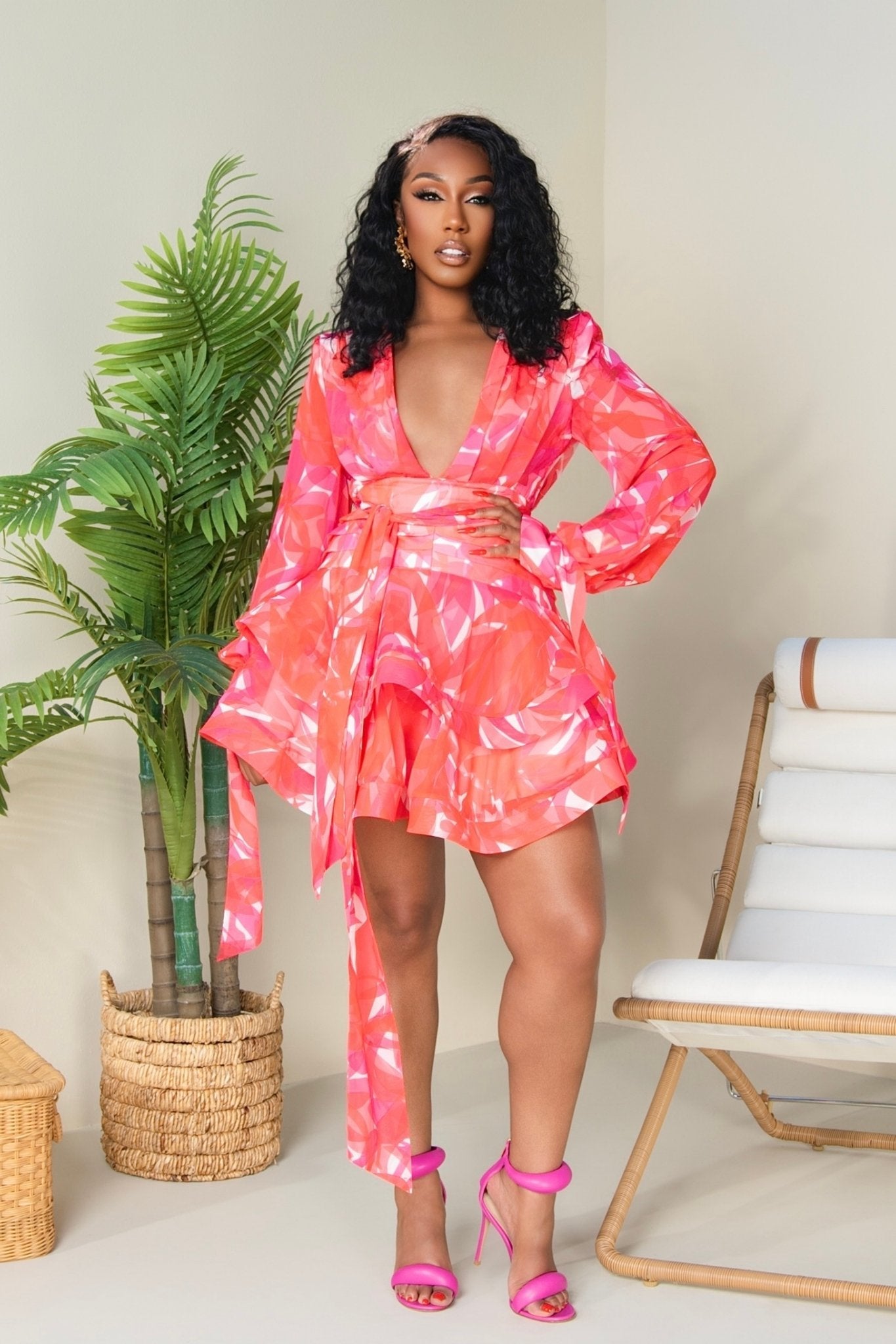 Thalia Multicolor Chiffon Wrap Dress XS