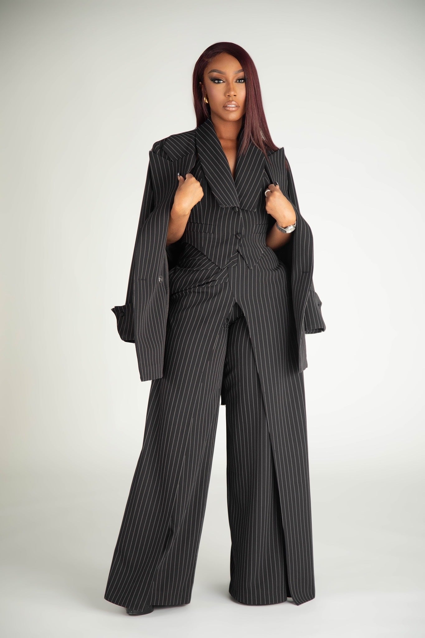 Timeless Moment Black Pinstripe Wide Leg Pants, XS Timeless Moment Black Pinstripe Wide Leg Pants, XS