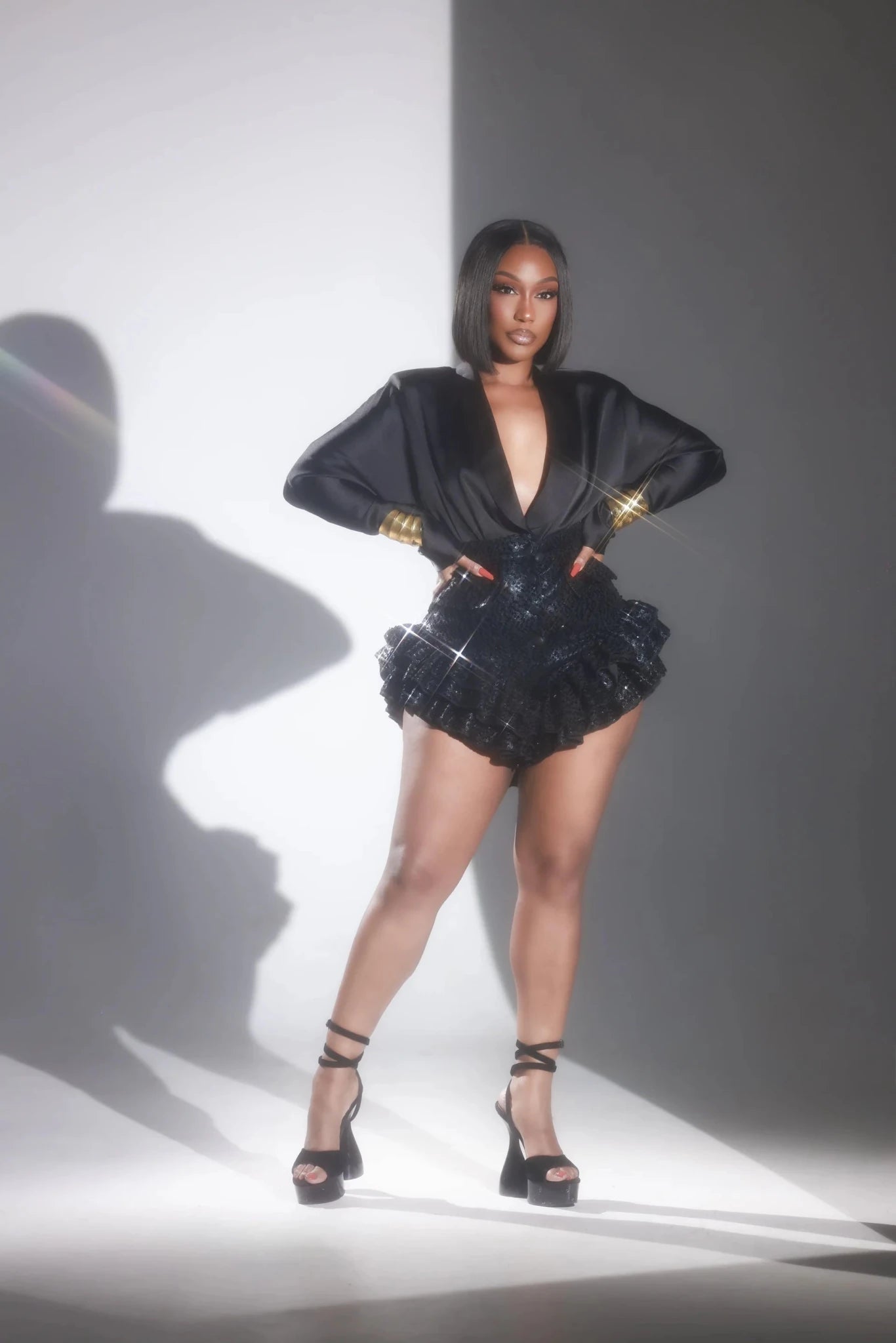 Elara Black Sequin Ruffle Shorts Clothing Ellaé Lisqué