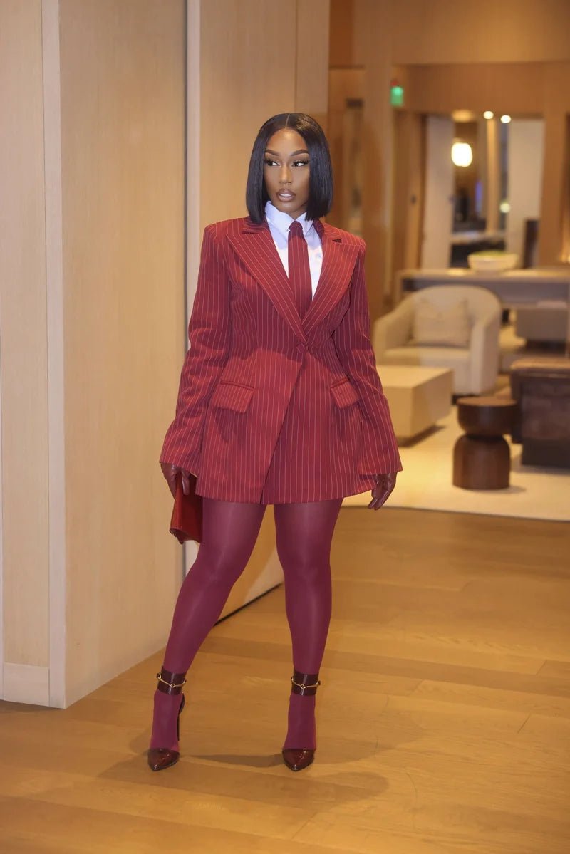 Velora Burgundy Pinstripe Blazer Dress Ella Lisqu Velora Burgundy Pinstripe Blazer Dress Ella Lisqu