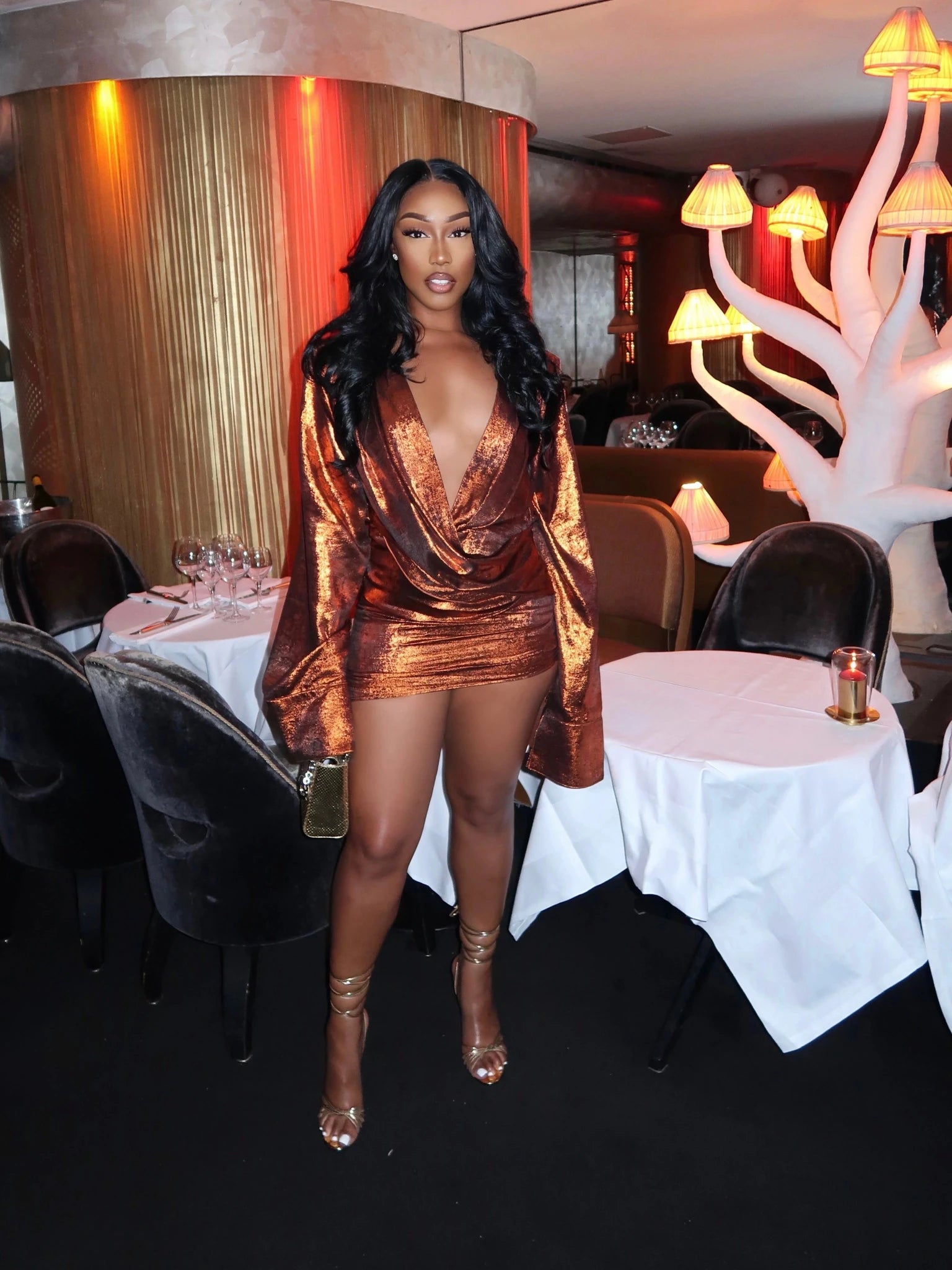 Zaria Bronze Metallic Long Sleeve Mini Dress Clothing Ellaé Lisqué