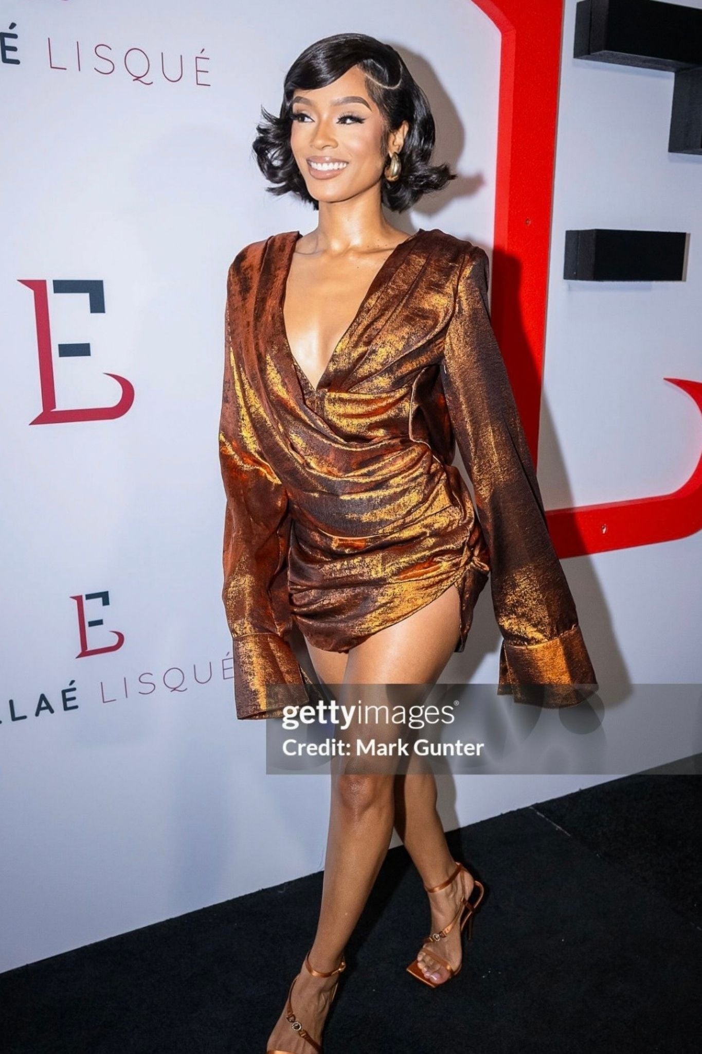 Zaria Bronze Metallic Long Sleeve Mini Dress, XS Zaria Bronze Metallic Long Sleeve Mini Dress, XS