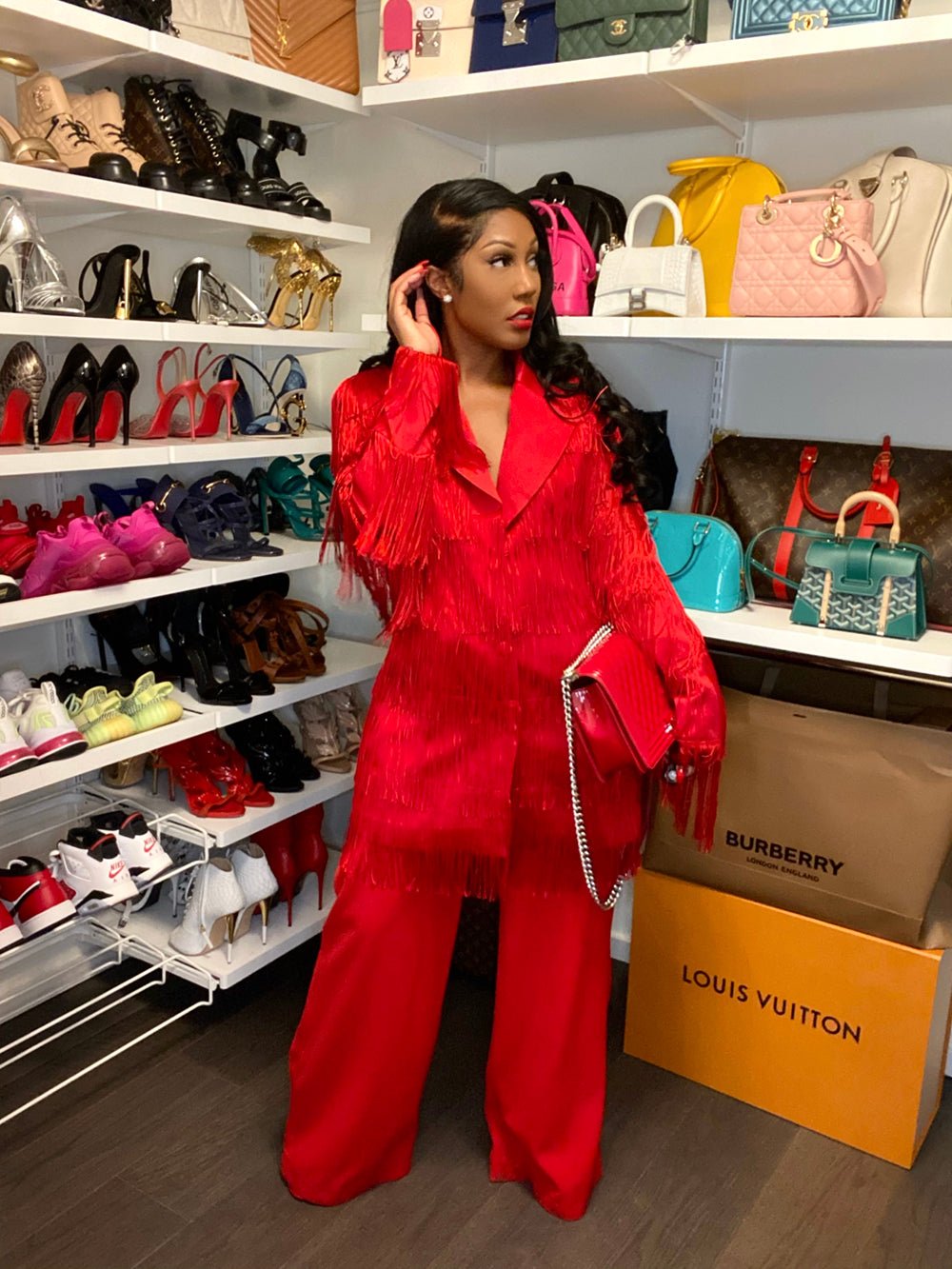 De La Fringe Red Blazer Dress Clothing Ellaé Lisqué