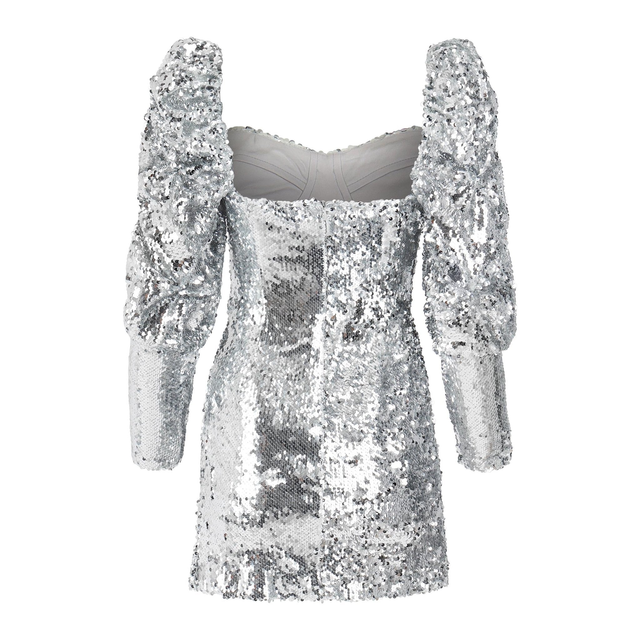 slim fit dress slacks Demure Long Sleeve Open Back Dress Sequin Grey/Silver
