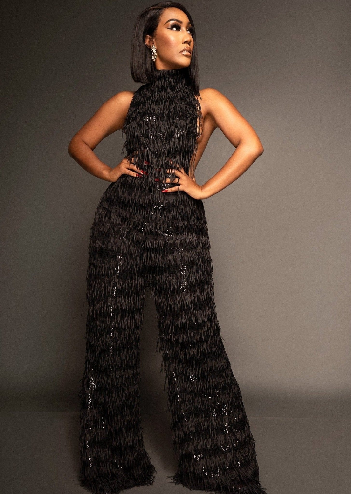 Show Off Black Fringe Jumpsuit Ellaé Lisqué XS Black
