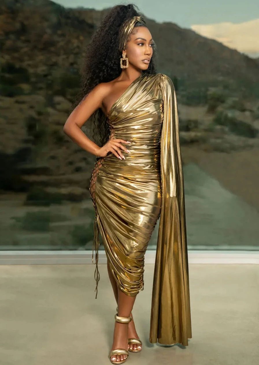Trophy Wife Metallic Gold Dress Clothing Ellaé Lisqué XS Open Side